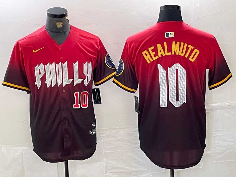 Men%27s Philadelphia Phillies #10 JT Realmuto Red 2024 City Player Number Cool Base Jerseys